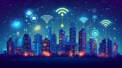 Poster - Illuminated cityscape at night, overlaid with interconnected technology symbols.