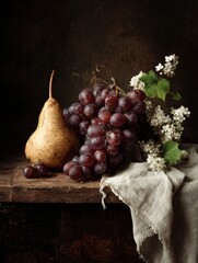 Poster - Vintage Still Life Featuring a Pear and Grapes on a Dark Canvas With a Clean Left Side Highlighting the Natural Beauty of the Fruits