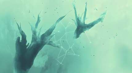 Aufkleber - Abstract representation of a stylized, fractured tree or root system against a pale teal background.