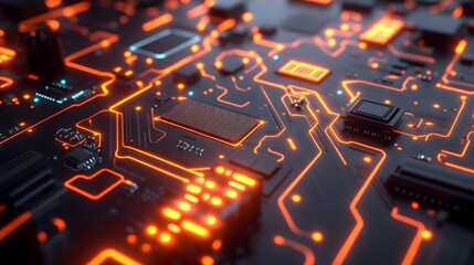 Poster - Close-up view of a circuit board with glowing orange traces.
