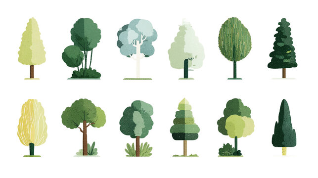 Variety of Pixel Art Trees in Green Tones on Transparent Background for Game Assets and Digital Design, PNG