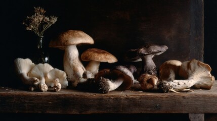 Poster - Still Life Display of Assorted Mushrooms on Dark Wood With a Clear Top Left Corner for Natural Elements