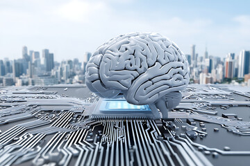 Poster - Conceptual Fusion of Human Brain and Microchip With a City Skyline Backdrop Showcasing Technology and Innovation