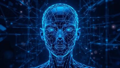 embrace the future of ai identity and digital humans with this cybernetic wireframe face design idea