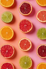 Poster - Vibrant Citrus Fruits in Geometric Arrangement Against Soft Pastel Background Create an Appealing Visual Display for Decoration and Design Inspiration