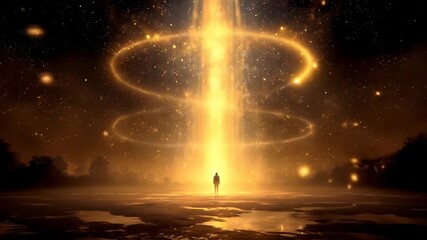 Wall Mural - Lone figure silhouette on reflective surface beneath swirling golden light rings and glowing particles, cosmic ethereal atmosphere, awe inspiring golden spiral, magical night landscape, reflective awe