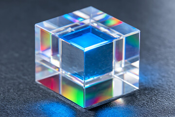 Poster - Clear Prism Block Reflecting Colorful Light on a Dark Surface in a Well-Lit Room