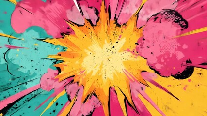 Poster - Colorful explosion abstract pop art vibrant yellow pink teal burst energetic comic style dynamic splatter expressive modern artwork playful mood creative background with bold lines and dramatic
