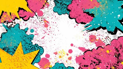 Poster - Colorful comic pop art explosion with vibrant retro background, abstract dynamic splatter, energetic playful design, bold graphic illustration, halftone dots, and creative shapes for unique and eye