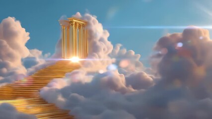 Wall Mural - Golden stairway cloud sky sunlight ethereal fantasy heavenly architecture dream peaceful, leading through fluffy clouds to majestic golden columns and radiant gates bathed sunlight, evoking awe