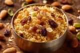 A detailed view of uncooked bulgur mixed grains and oats with dried fruits and milk for making dalia kheer a summer dessert enjoyed after lunch