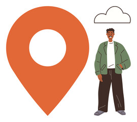 Poster - Large orange map pin next to casually dressed man under a simple cloud outline. Ideal for location, navigation, travel, direction, identity, lifestyle, and community concepts. Simple flat metaphor