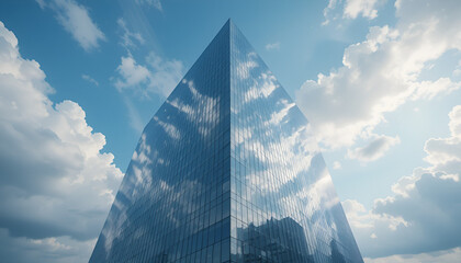 Poster - Modern architecture features a glass facade skyscraper reflecting a bright sky with fluffy clouds, creating a sleek architectural design.