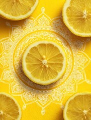 Poster - Bright Lemon Wedges Arranged in a Mandala Pattern on a Vibrant Yellow Background for a Delightful Artistic Display