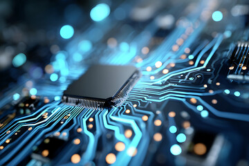 Leinwandbilder - Close-up View of a Microchip on a Printed Circuit Board With Glowing Circuitry in a Technology Setting