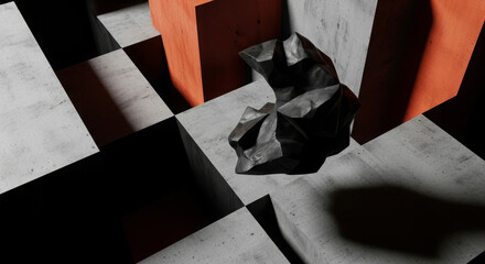 Aufkleber - Abstract chess piece, fragmented, rests on a concrete checkered board, shadowed by geometric forms.