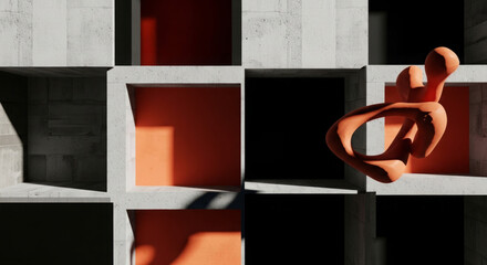 Aufkleber - Abstract orange sculpture within a grid of concrete and colored recesses.