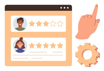 Poster - Rating interface with two user profiles and star reviews, hand pointer selecting, gear icon for customization. Ideal for feedback, evaluation, user experience, service quality, reviews