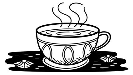 Aufkleber - A cup of hot beverage with steam and decorative elements in a black and white line drawing style created with generated ai