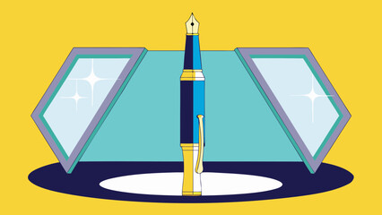 Poster - A blue and gold fountain pen stands between two diamond shaped windows on a yellow background created with generated ai