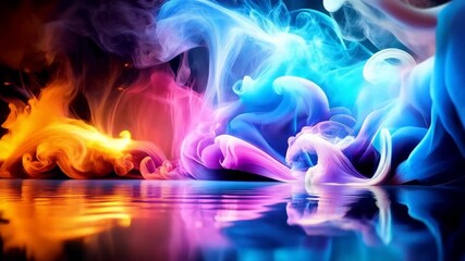 Poster - Luminous multicolored abstract clouds hovering over reflective water surface creating surreal and dreamy atmosphere