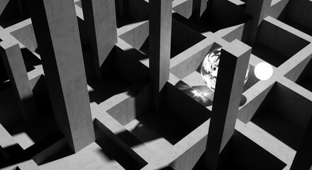 Aufkleber - Abstract black and white architectural maze, intricate design of interconnected structures.