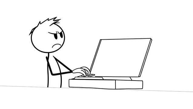 Stick figure with an angry expression typing on a computer against a white background in black and white