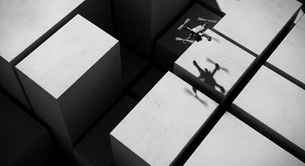 Aufkleber - A drone flies between tall buildings, casting a shadow on a building's facade.