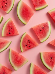 Poster - Delicious Watermelon Slices Arranged in a Geometric Pattern on a Pink Background With an Empty Space