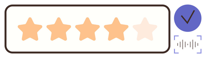 Poster - Rating bar with four orange stars and one faded star, surrounded by a checkmark and sound wave. Ideal for review platforms, satisfaction, evaluation, user feedback, quality assurance, reliability