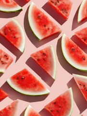 Poster - Colorful Watermelon Slices Arranged in a Geometric Pattern on a Pink Background With an Empty Space for Design