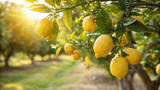 Lemons on tree in garden, Lemon tree in natural warm sunlight background