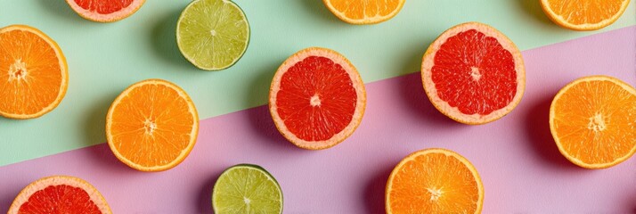 Poster - Vibrant Citrus Fruits Artistically Arranged in Geometric Patterns Over a Soft Pastel Background, Offering a Refreshing and Colorful Visual Experience
