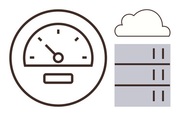 Poster - Speedometer gauge next to cloud server system emphasizing data speed, cloud efficiency, performance. Ideal for cloud technology, data storage, performance monitoring, speed, analytics, IT solutions