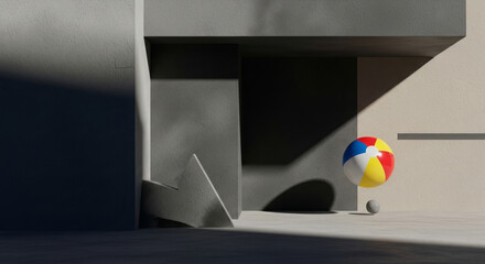 Aufkleber - Beach ball rests in shadow of modern architecture, sunlight illuminates concrete forms.