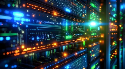 Poster - Close-up view of a server rack with glowing panels.