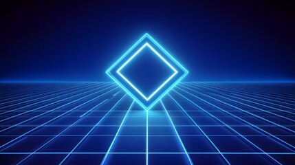 Poster - Neon blue glowing diamond-shaped frame on a gridded floor.