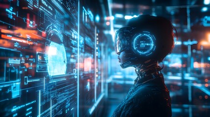 Poster - Woman with futuristic VR headset in a digital environment.