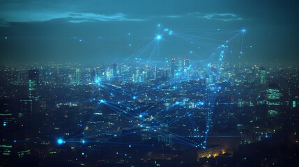Poster - A nighttime cityscape overlaid with digital network connections.