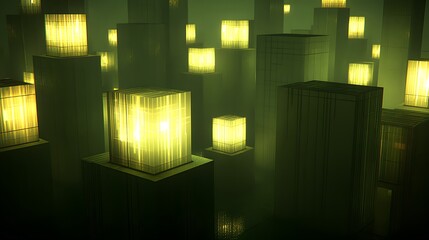 Poster - Cubic structures with glowing lights in a fog.