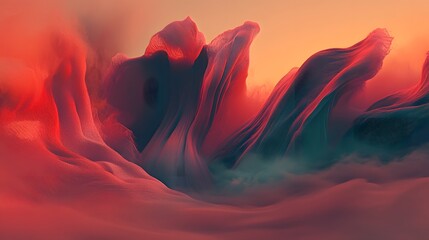 Poster - Abstract landscape of flowing, textured forms in deep reds and blues.