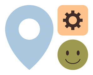 Poster - Blue location pin, orange gear icon, and green smiling face reflecting themes of navigation, customization, positivity, and user experience. Ideal for apps, maps, settings design journey