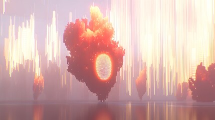 Poster - Pixelated structures float in a luminous, digital landscape.