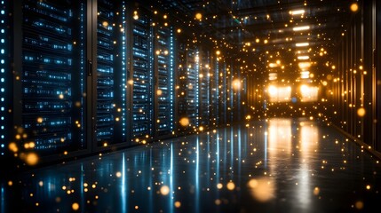 Poster - Illuminated server room corridor with glowing particles.