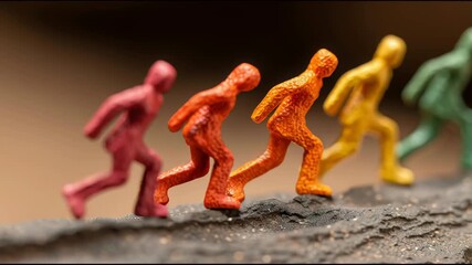 Poster - Miniature people representing teamwork and commitment with graph icon concept showing rising line and icons of teamwork. Teamwork and Progress Concept with Miniature Figures – Animated Video Version