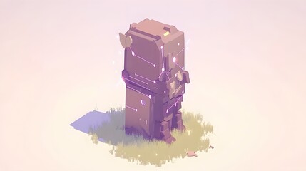 Poster - Low-poly, stylized tower structure on a grassy plain.
