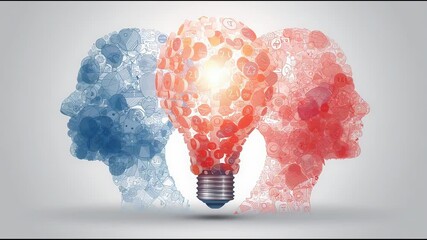 Poster - Light bulb with a brain inside representing the fusion of ideas, intelligence, and collective mind in innovation. Fusion of Ideas and Collective Intelligence – Animated Video Version