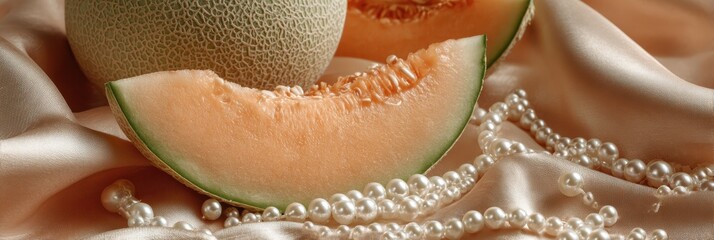 Poster - Soft Color Still Life Featuring Cantaloupe and Pearls on Satin Fabric, Highlighting the Elegance of Simplicity in a Conceptual Arrangement