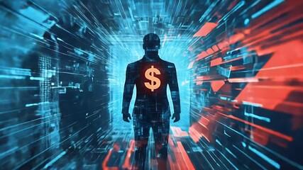 Poster - Abstract Digital Representation of a Figure with Dollar Symbol in a Cybernetic Tunnel with Red and Blue Lighting