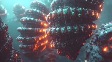 Poster - Abstract design of spiraling structures with glowing light.